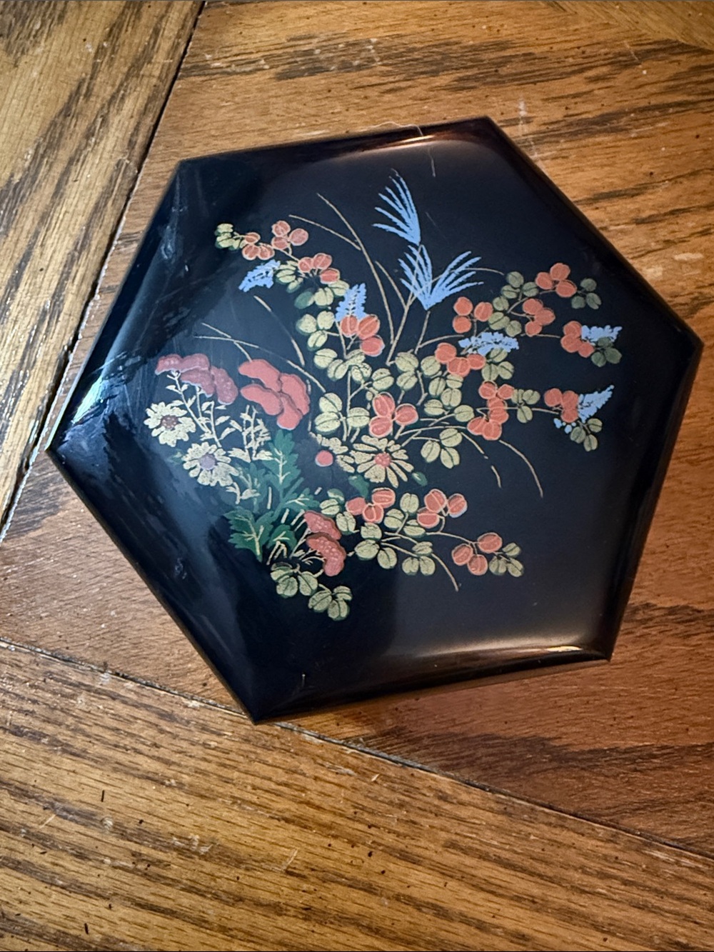 Vintage MCM Hexagon Nesting Trinket Boxes Floral Black Lacquerware Set of 3